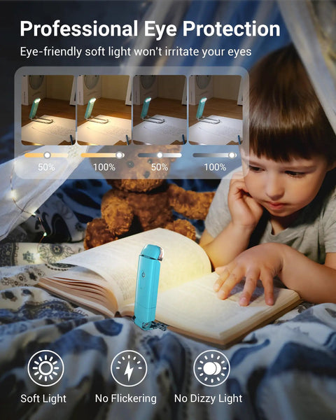Child reading under blanket with USB Rechargeable Clip On Book Light For Late Night Reading With Eye Care Glow Portable LED Reading Lamp.