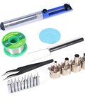 All In One Soldering Station With Hot Air Rework, Power Supply And USB 3A Output tools including solder wire, tips, and suction pump