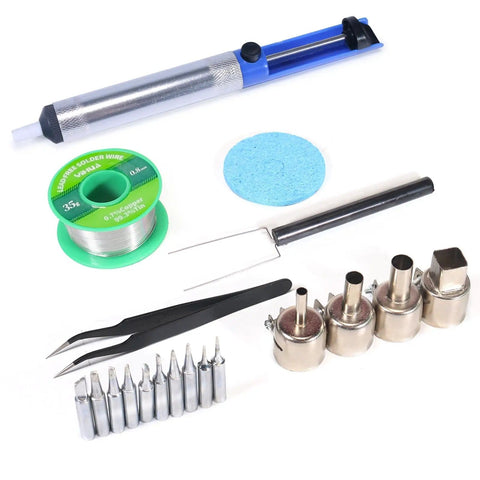 All In One Soldering Station With Hot Air Rework, Power Supply And USB 3A Output tools including solder wire, tips, and suction pump