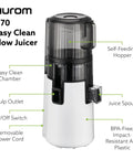 Hurom H70 Cold Press Juicer Easy To Clean Masticating Slow Juicer Ideal Balance Strainer Free Self Feeding Hands Free With Wide Mouth Hopper High Quality Black with easy clean chamber and self-feeding hopper.