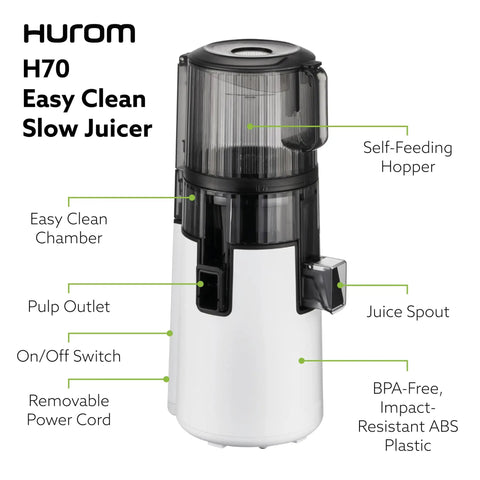 Hurom H70 Cold Press Juicer Easy To Clean Masticating Slow Juicer Ideal Balance Strainer Free Self Feeding Hands Free With Wide Mouth Hopper High Quality Black with easy clean chamber and self-feeding hopper.