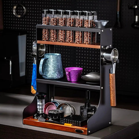 Heavy Duty Wall Mount Coffee Bean Storage Tower Three Tier Wooden Espresso Tool Rack snugly grips portafilters and doses.