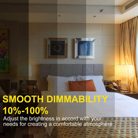 12 Pack A19 LED Bulbs 100W Equivalent cool lighting in modern bedroom, smooth dimmability feature enhancing ambient comfort