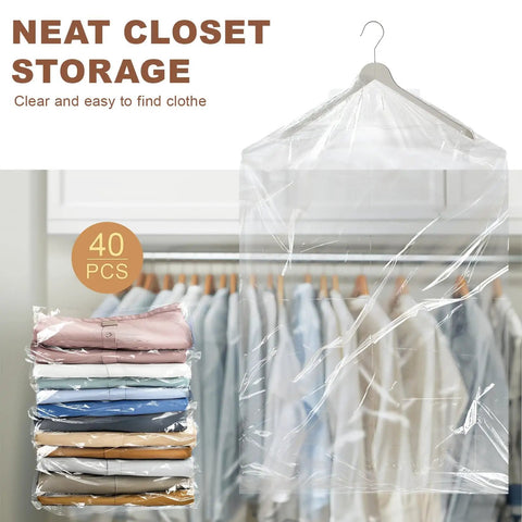 40 Pack Clear Garment Bags for Hanging Clothes, 60x90cm plastic dry cleaning bags on hangers in a neat closet