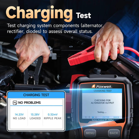 BT705Plus Car Battery Tester 24V 12V Load Tester And Alternator Tester For Fast, Accurate Battery Health Checks Even On Nearly Dead Batteries Built For Pros And DIYs Who Want Fast Results, Clear Readings, And Dependable Performance. charging test in car engine bay