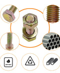 245 Piece M6 Grade 8.8 Nuts And Bolts Kit With Yellow Zinc Finish Includes Lock Washers And Flat Washers 5 Lengths 12mm 16mm 20mm 25mm 30mm Great For Machinery Repairs And DIY Projects showing a closeup of a nut and bolt with anti-rust and recycle icons.