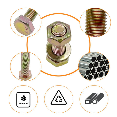 245 Piece M6 Grade 8.8 Nuts And Bolts Kit With Yellow Zinc Finish Includes Lock Washers And Flat Washers 5 Lengths 12mm 16mm 20mm 25mm 30mm Great For Machinery Repairs And DIY Projects showing a closeup of a nut and bolt with anti-rust and recycle icons.