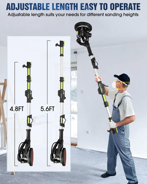 Person using Powerful 7.2 Amp Drywall Sander With Vacuum Dust Collection LED Light 6 Speed Digital Display on extendable handle.