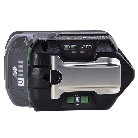 Close-up of 18V And 36V Slide Battery Charger with Dual USB C Ports, LED light, and belt hook, showing fast charging indicators.