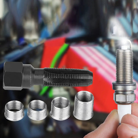 Pro Grade Carbon Steel Plug Tap Set For 14mm x 1.25 Thread Repair With Four Inserts shown with engine background.