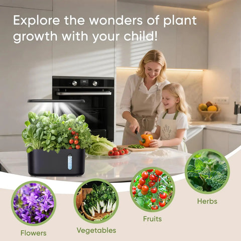 Indoor Hydroponic Garden System With Full Spectrum LED Grow Light And Quiet Smart Water Pump, 5 Pods, in kitchen with family.