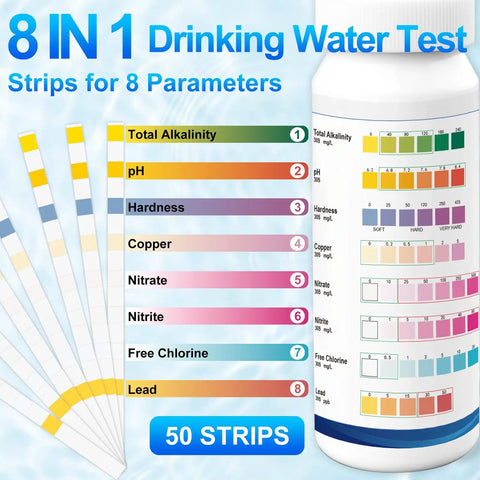 Legit Game Changer 8 In 1 Drinking Water Test Kit Featuring 50 Lead Detection Strips with test parameters displayed.