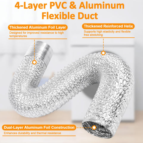 12 Ft Flexible Aluminum Dryer Duct With Clamps 4 Inch Vent Hose For Indoor And Outdoor Ventilation Insulated Air Ducting Tube For Dryer Easy Install HVAC And Exhaust Use Silver