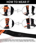 Instructions for wearing Tree Climbing Gear Set With Spikes And Adjustable Straps For Arborists Hunters And Fruit Picking Includes Carabiners Rope Foot And Ankle Straps Gloves Replacement Screws Hex Wrench And Protective Rope For Safe Fast Dope Climbs