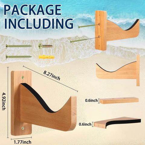 4 Piece Ash Wood Surfboard Wall Mount Kit With Curved Wave Grip To Hang Your Board Horizontally On Garage Or Studio Walls For Tight Surf Vibes And Gnarly Collection Display, includes dimensions and installation elements.