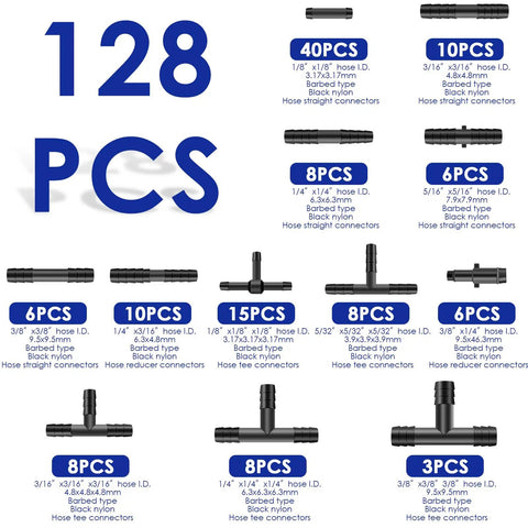Premium 128 Piece Nylon Vacuum Connector Assortment Kit With 12 Different Sizes For Cars And Ships Featuring Super Heat Resistant Up To 240 C Black Fittings Perfect For Any Auto Repair Or Maintenance Project You Need. 128-piece black nylon hose connector set with straight, tee, and reducer fittings