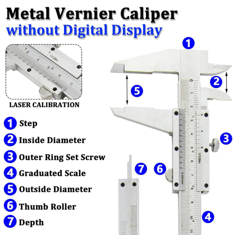Analog Vernier Caliper 6 Inch 150mm Stainless Steel Measuring Tool With Dual Reading Scale and labeled components