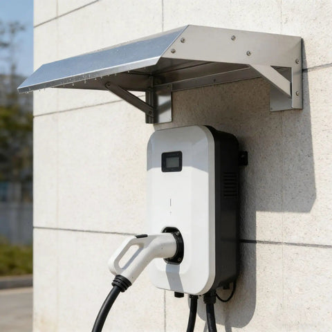 Heavy Duty EV Charger Cover With Sloped Stainless Steel Roof, protecting wall-mounted charger from rain.