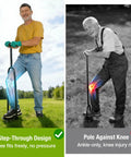 Image showing Step Through Lawn Aerator Tool with Full Foot Pedal; comparison of ergonomic leg power versus traditional use.