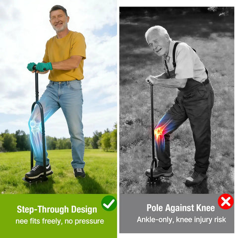 Image showing Step Through Lawn Aerator Tool with Full Foot Pedal; comparison of ergonomic leg power versus traditional use.