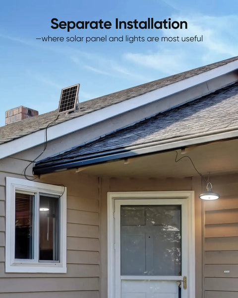 Dual Head Solar Pendant Lights With Motion Sensor, 4 Modes, Waterproof For Indoor Outdoor Use shown on house exterior