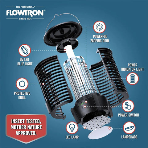 Diagram of a rechargeable bug zapper lamp 2 in 1 LED light and insect killer with 3600mAh battery, USB C charging.