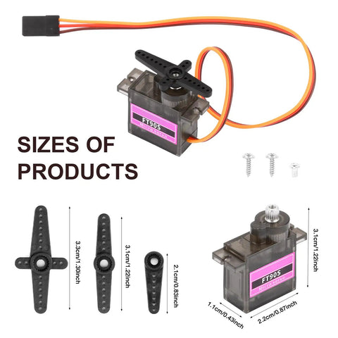 Six Pack Of FT90S 9g Micro Servo Motors With All Metal Gears High Torque 180 Degree Rotation, product size details