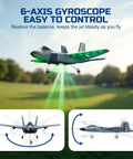 F22 Fighter Inspired RC Plane for Beginners and Kids Ready to Fly Two Channel Two Point Four GHz Remote Control Aircraft With Bright LED Lights Auto Balance Dual Batteries Durable EPP Foam Night Flight Fun displaying gyro control diagram in park