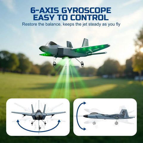 F22 Fighter Inspired RC Plane for Beginners and Kids Ready to Fly Two Channel Two Point Four GHz Remote Control Aircraft With Bright LED Lights Auto Balance Dual Batteries Durable EPP Foam Night Flight Fun displaying gyro control diagram in park