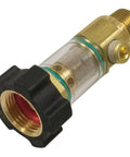 Gold Inlet Filter For Water Pump Model 758523 with clear screen and brass fittings, showing durable inline intake for lawn mowers and pumps.
