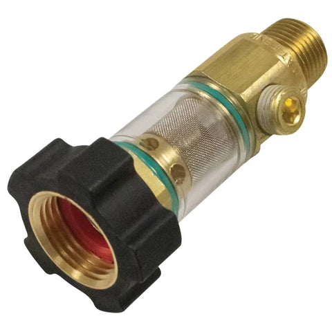 Gold Inlet Filter For Water Pump Model 758523 with clear screen and brass fittings, showing durable inline intake for lawn mowers and pumps.