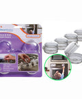 Packaging and five clear Stove And Oven Knob Safety Cover Set L730A Five Count Pack Easy To Install Kid Safe Kitchen Accessory.