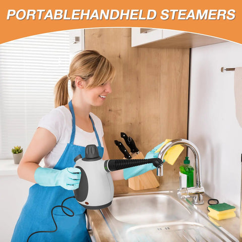 Woman using the Straight Up Supercharge Handheld Steam Cleaner With Bonus Attachments at kitchen sink to clean.