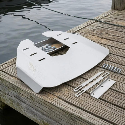 Outboard Hydrofoil Plate With Folded Wing For Stable Slick Aerodynamic Performance On 40 To 350 HP Motors and hardware on dock