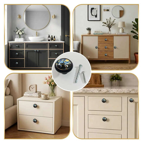 Four Pack Starry Sky Black Cat Cabinet Knobs Round Acrylic Drawer Pulls on dresser, bathroom, and kitchen cabinets
