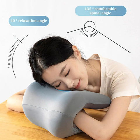 Woman napping with Ergonomic Memory Foam Neck Pillow Headrest for Office Chair with Skin Friendly Polyester Spandex Cover