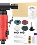 Beefy Power 20000 RPM Right Angle Air Die Grinder With After Exhaust, kit shown with box, oil bottle, collets, discs, and tools.
