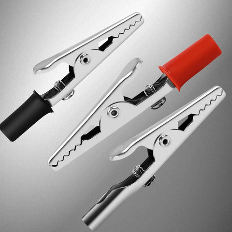Three alligator clips with plastic grips in red and black from 50 Pack Small Alligator Clip Test Clamps With Plastic Grips Red And Black 25 Each Kit For Wires And Joints, High Conductivity Electrical Clips For Battery Testing, DIY Electronics, Lab Probes And Circuit Work