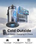 Mini Metal Car Charger With 67.5W USB C Fast Charging PD QC For 12V Lighter Outlet with GaN technology illustration.