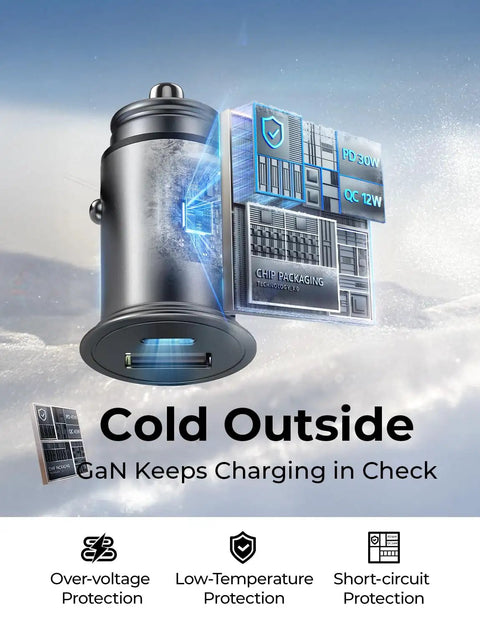 Mini Metal Car Charger With 67.5W USB C Fast Charging PD QC For 12V Lighter Outlet with GaN technology illustration.