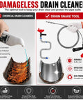 Heavy Duty 33 Foot Drain Snake Auger, No Sweat Plumbing Tool for removing clogs shown with damaged pipes and effective drain snake tool.