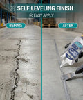 Tough As Nails Concrete Crack Filler With Marine Grade Silane Polymer Base on cracked concrete before and smooth finish after application.