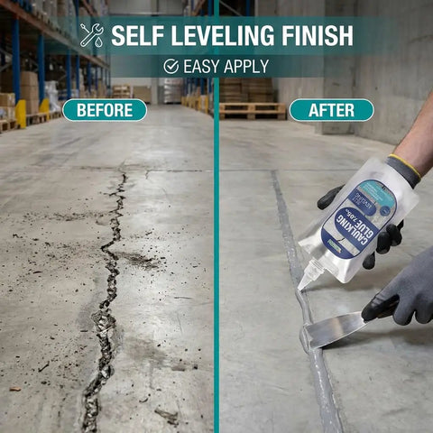 Tough As Nails Concrete Crack Filler With Marine Grade Silane Polymer Base on cracked concrete before and smooth finish after application.