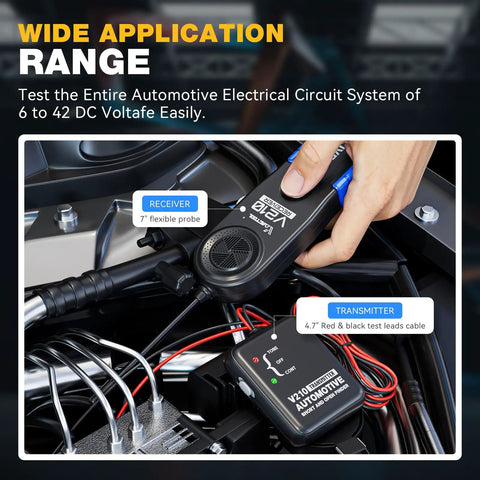 Hand holding Go To Wire Tracer Open And Short Finder for Automotive Electrical Systems with transmitter and receiver visible.