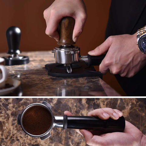 Using 53mm Calibrated Espresso Tamper With Spring Loaded Wooden Handle And Stainless Steel Flat Base for consistent extraction