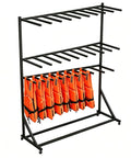 Rock Solid Heavy Duty Metal Life Vest Storage Rack For Water Sports Gear Stash with orange life jackets and three tiers.