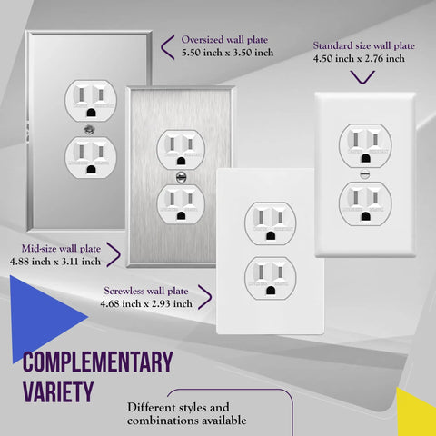 Various styles of Tamper Resistant Duplex Receptacle Outlets 15A 125V with different wall plate sizes shown.