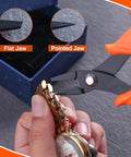 Pro Grade Watch Spring Bar Pliers Set For Link Removal And Strap Replacement, ergonomic non-slip handle, shown in use on watch strap.