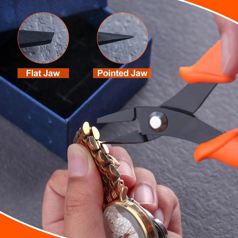 Pro Grade Watch Spring Bar Pliers Set For Link Removal And Strap Replacement, ergonomic non-slip handle, shown in use on watch strap.