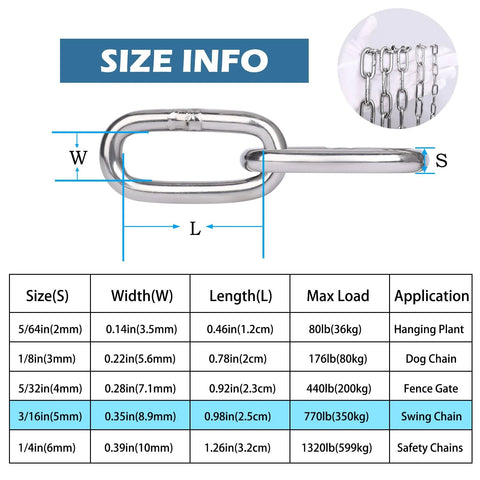 Stainless Steel Chain 3/16 Inch By 2 Ft Heavy Duty Chain Link specifications; size, max load, applications